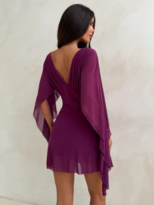 Aloruh Contrast Mesh V Neck Split Sleeve A Line High Waist Mini Dresses - Purple - View 2