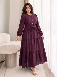 Solavon Plus Size Round Neck Long Sleeve Button Thin Strap Solid Color Dress - Burgundy - View 4