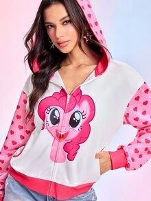 My Little Pony X SHEIN Women's Heart Print Drop Shoulder Long Sleeve Zip-Up Hoodie G4 - Pink - View 4