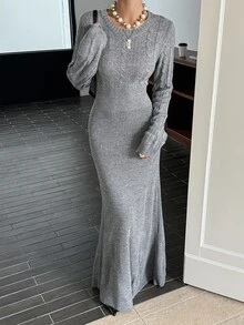 DAZY 秋冬圓領麻花編織長袖中長版修身顯瘦通勤街頭休閒女款針織洋裝 - 灰色 - 查看 4