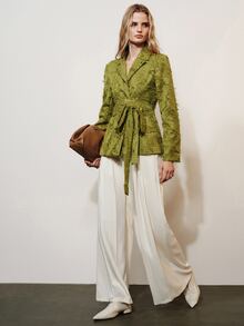 Aveloria Modichic Women's Blazer Slim Wrap Waist Jacquard Frayed Lapel Self Tie Fringe Commute Olive Green Elegant Designer Jacket Tops - Green - View 6