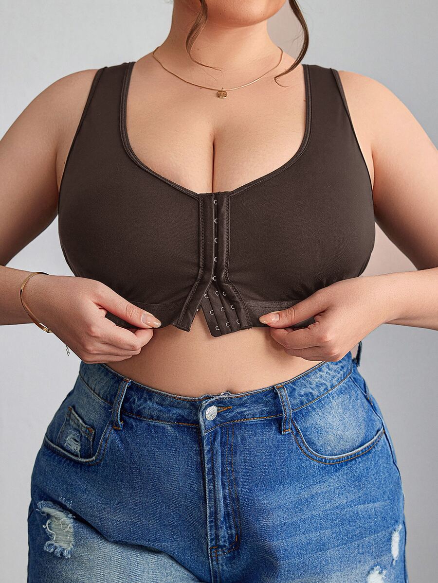 SHEIN CURVE+ 大尺碼簡約純色前扣式內衣背心,Curve Plus,Hoho Vacation - 棕色 - 查看 1