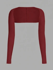SHEIN EZwear Plus Size Women Simple Versatile Cropped Long Sleeve Top Fall - Burgundy - View 1