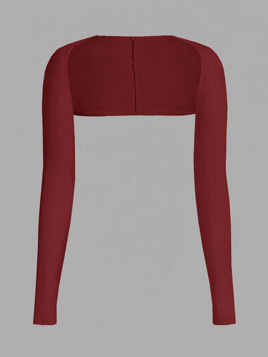 SHEIN EZwear Plus Size Women Simple Versatile Cropped Long Sleeve Top Fall - Burgundy - View 1