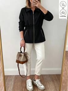 SHEIN LUNE Plus Size Casual Autumn/Winter Long Sleeve Lapel Metal Zipper Pocket Jacket - Black - View 3