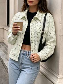 Cévolie 女款燈芯絨下擺數位波點印花初秋休閒通勤輕便夾克 - 杏色 - 查看 4