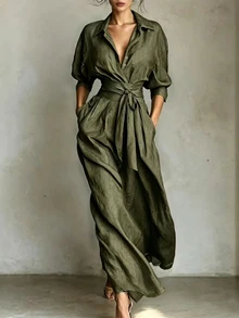SHEIN 女款簡約休閒鈕扣口袋連身裙，適合通勤 - 軍綠色 - 查看 1