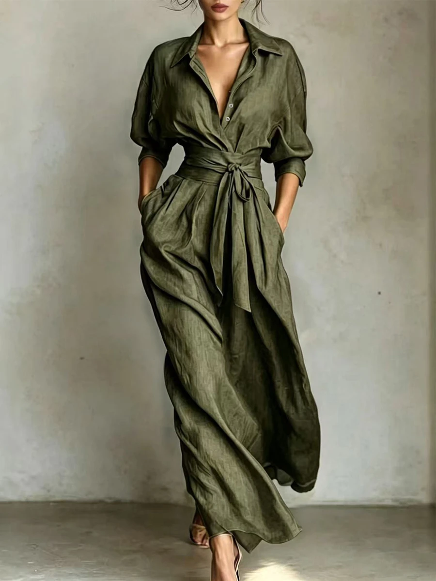 SHEIN 女款簡約休閒鈕扣口袋連身裙,適合通勤 - 軍綠色 - 查看 1