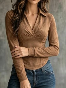 SHEIN 女款純色翻領長袖修身休閒襯衫 - 卡其色 - 查看 4