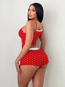 SHEIN SXY 女款蕾絲飾邊紅白波點細肩帶背心短褲休閒性感日常套裝 居家睡衣 夏季 - 紅白色 - 查看 2
