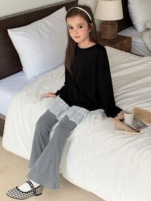 Dazy Kids Tween Girl) Black T-Shirt & Flared Pants Casual Cute Autumn/Winter 2 Pieces Set - Black - View 5