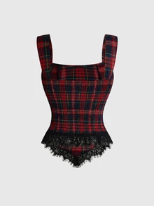 ROMWE Áo tank top ôm sát phong cách Court Punk Gothic Giáng Sinh vintage, kẻ caro đỏ đậm phối ren tương phản - Nhiều màu - Xem 2