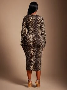 SHEIN SXY Leopard Print Deep Sweetheart Neck Long Sleeve Fitted Midi Dress Fall - Multicolor - View 2