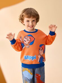 Blippi X SHEIN 小男孩圓領長袖卡通印花運動衫 - 橘色 - 查看 6