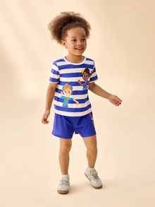 Blippi X SHEIN Young Girl Striped Round Neck Short Sleeve T-Shirt And Shorts Set - Purple - View 5