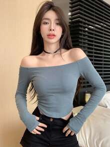 DAZY 女款方領修身T恤，性感風格 - 藍色 - 查看 3