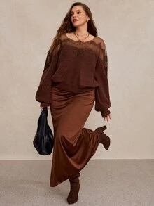 Freevana Slouchy Plus Size Women's Contrast Lace Design High-End Cold Shoulder Knit Top - Mocha Brown - View 7