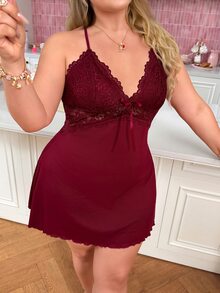 Slumberry CURVE Plus Size Women Lace Patchwork Sexy Daily Home Halter Neck Dress - Burgundy - View 4