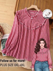 Rusticease Plus Size Korean Style Ruffle Trim Plaid Shirt - Red and White - View 2