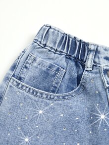 SHEIN Genkimix Kids 青少年女孩深藍色水鑽牛仔長褲，四季百搭不對稱腰部設計，寬鬆直筒長褲，休閒寬鬆舞會派對款 - 淺色水洗藍 - 查看 5