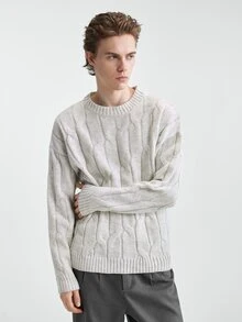 Manfinity CasualKnits 男士圓領懶人長袖套頭毛衣，休閒針織秋冬服飾，秋冬麻灰色寬鬆百搭3D圖案長袖套頭毛衣 - 淺灰色 - 查看 4