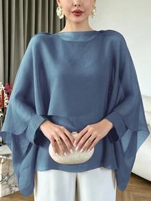 Modelyn 大尺碼女款不對稱下擺雪紡飄逸上衣，可單穿或疊穿，優雅蝙蝠袖寬鬆襯衫 - 霧霾藍 - 查看 3