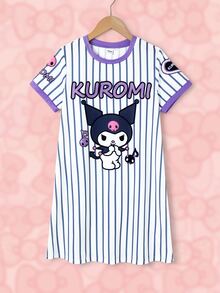 HELLO KITTY AND FRIENDS | SHEIN Tween Girl Cartoon Print Striped Short Sleeve Round Neck Dress - White - View 3