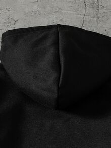 SHEIN 青少年男孩 2件組 LA字母與標語圖案純黑色連帽衛衣與運動長褲套裝，休閒運動套裝，秋季穿搭，秋冬款 - 黑色 - 查看 5