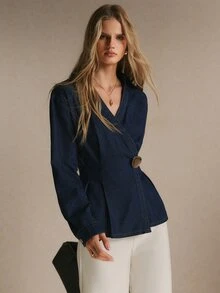 Poéselle Women's Long Sleeve Overlap Design Cinched Waist Loose Hem Denim Top - Dark Wash - View 6