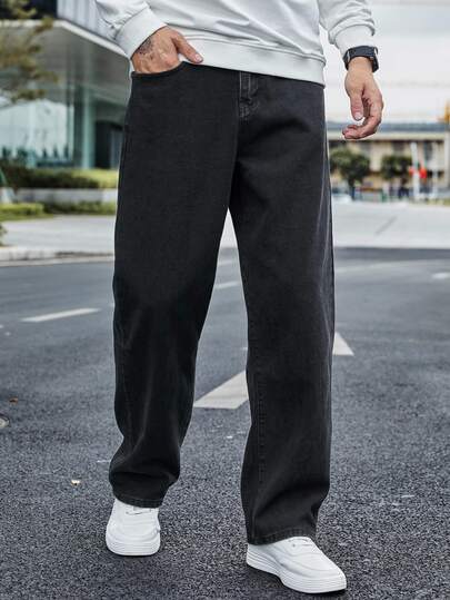 QuarKem Jeans de mezclilla casuales para hombre con botones, bolsillos y pierna ancha en unicolor