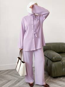 Veilorie Women's Solid Color Front Tie Long Sleeve Single-Breasted Top And Pants Arabic Costume Set - Purple - View 1