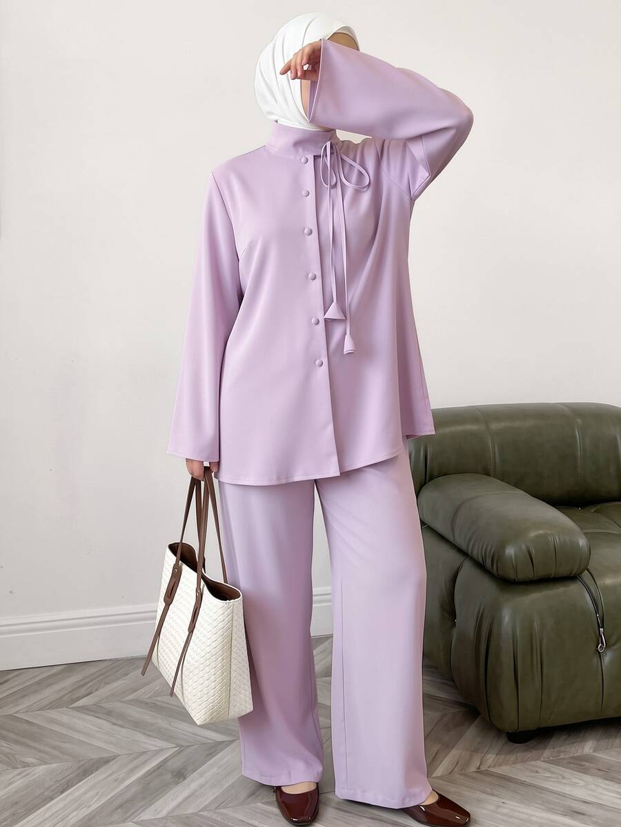 Veilorie Women's Solid Color Front Tie Long Sleeve Single-Breasted Top And Pants Arabic Costume Set - Purple - View 1