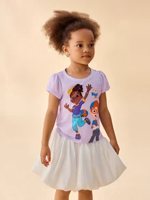 Blippi X SHEIN Young Girls Cartoon Print Cap Sleeve T-Shirt - Purple - View 5