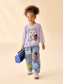 Blippi X SHEIN Young Girl V-Neck Long Sleeve Striped Cartoon Pattern Letter Print Sweatshirt - Purple - View 7