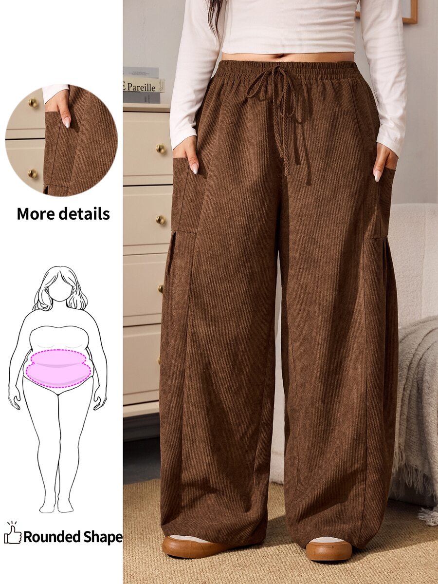 Enliva Plus-Size Loose Drawstring Casual Trousers, CorduroyApple,Rounded Body - Brown - View 1