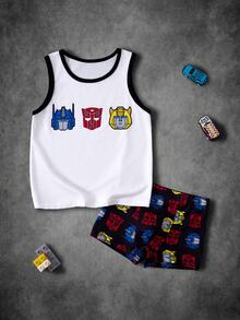 Transformers X SHEIN Young Boys Cartoon Pattern Sleeveless Tank Top & Hipster Underwear Set - Black and White - View 1
