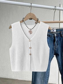 Franclia Plus Ribbed Knit Button Front Sweater Vest Winter - White - View 1