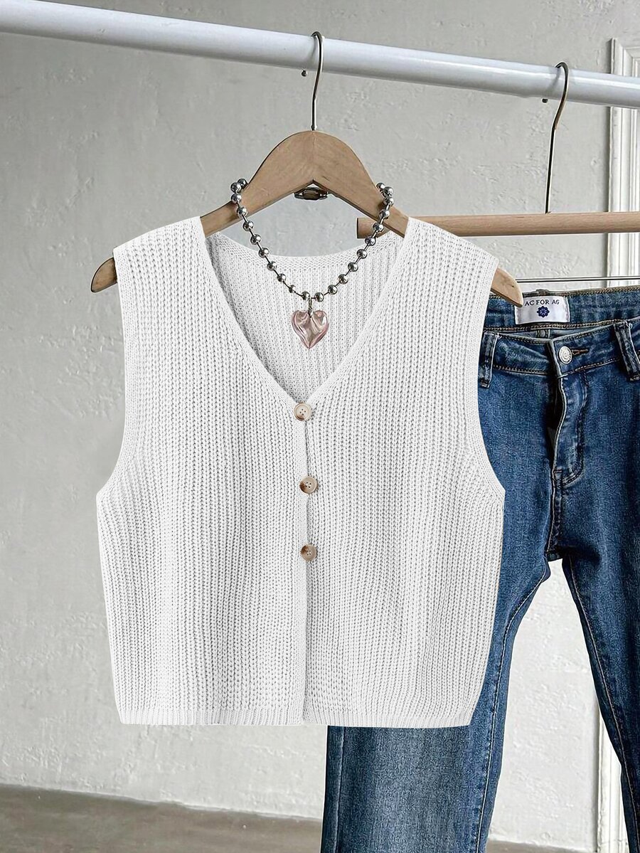 Franclia Plus Ribbed Knit Button Front Sweater Vest Winter - White - View 1
