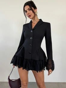 Firerie Women's Shawl Collar Single-Breasted Lace Long Sleeve Pleated Jacket - Black - View 3
