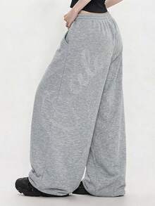 FRIFUL Women's Summer New Loose Casual Versatile Sweatpants With Back Rhinestone Letter Decor - Grey - View 7