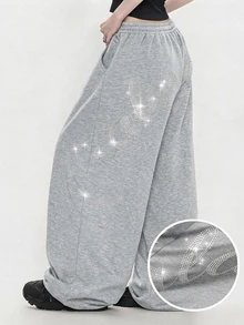 FRIFUL Women's Summer New Loose Casual Versatile Sweatpants With Back Rhinestone Letter Decor - Grey - View 1