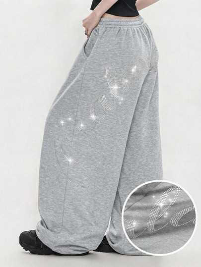 FRIFUL Women's Summer New Loose Casual Versatile Sweatpants With Back Rhinestone Letter Decor