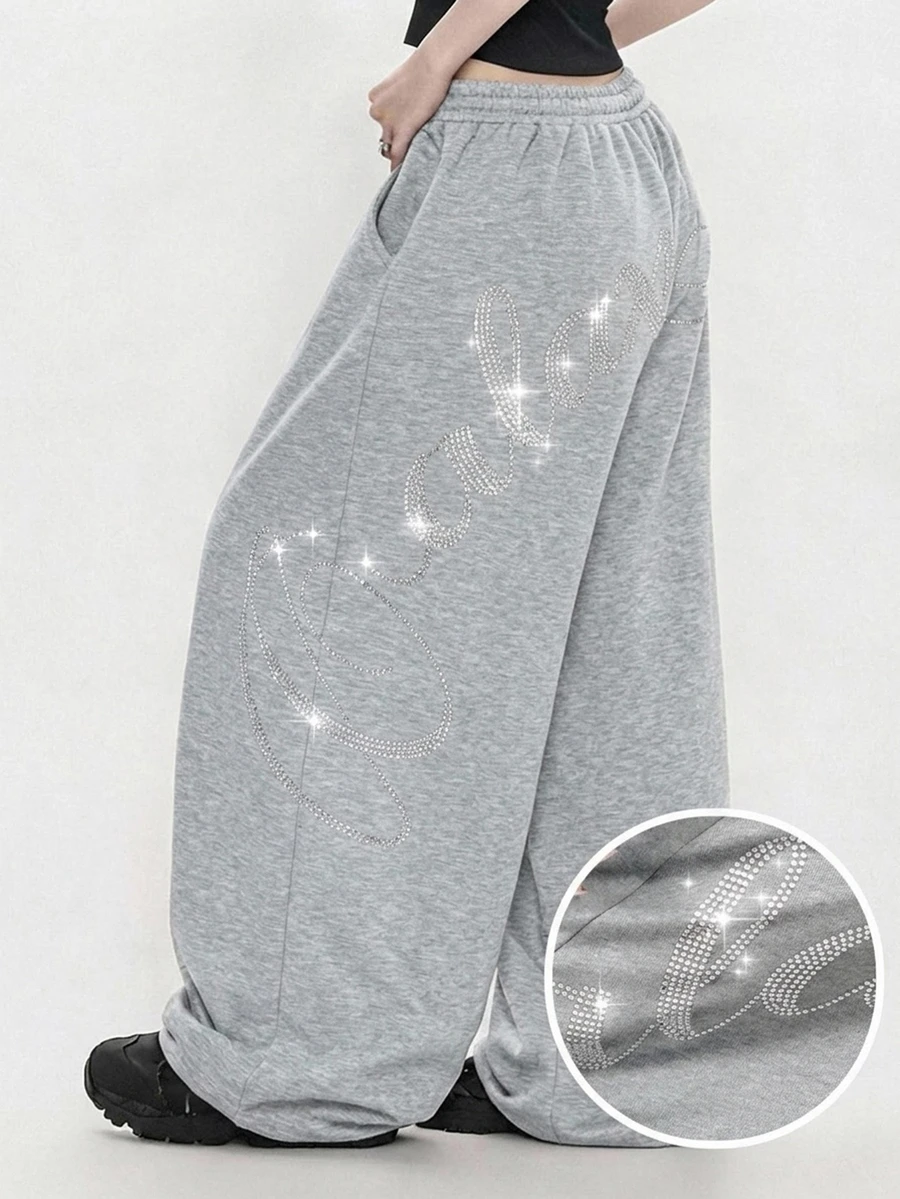 FRIFUL Women's Summer New Loose Casual Versatile Sweatpants With Back Rhinestone Letter Decor - Grey - View 1