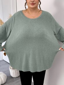 SHEIN CURVE+ Women Plus Size T-Shirt 22W, Autumn/Winter Solid Color Ribbed Comfortable Crew Neck Long Sleeve Casual T-Shirt - Green - View 3