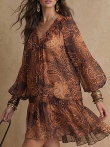 Solivie Women's Autumn Printed Loose Dress, Coffee Color Dress - Coffee - View 4