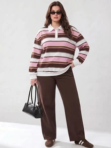 Solavibe Plus Size Colorblock White Chocolate Brown Polo Collar Long Sleeve Sweatshirt Casual Elegant Winter Fall Birthday Formal Party Homewear - Pink - View 5