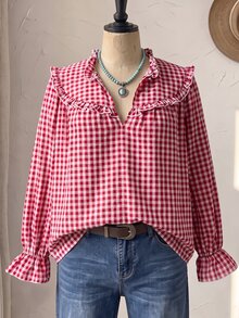 Rusticease Plus Size Korean Style Ruffle Trim Plaid Shirt - Red and White - View 9