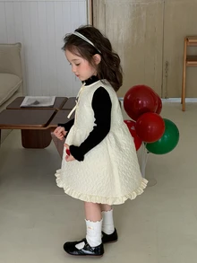 DAZY Infant (Girl) Round Neck Quilted Cotton Korean Style Solid Color Dress - Apricot - View 5