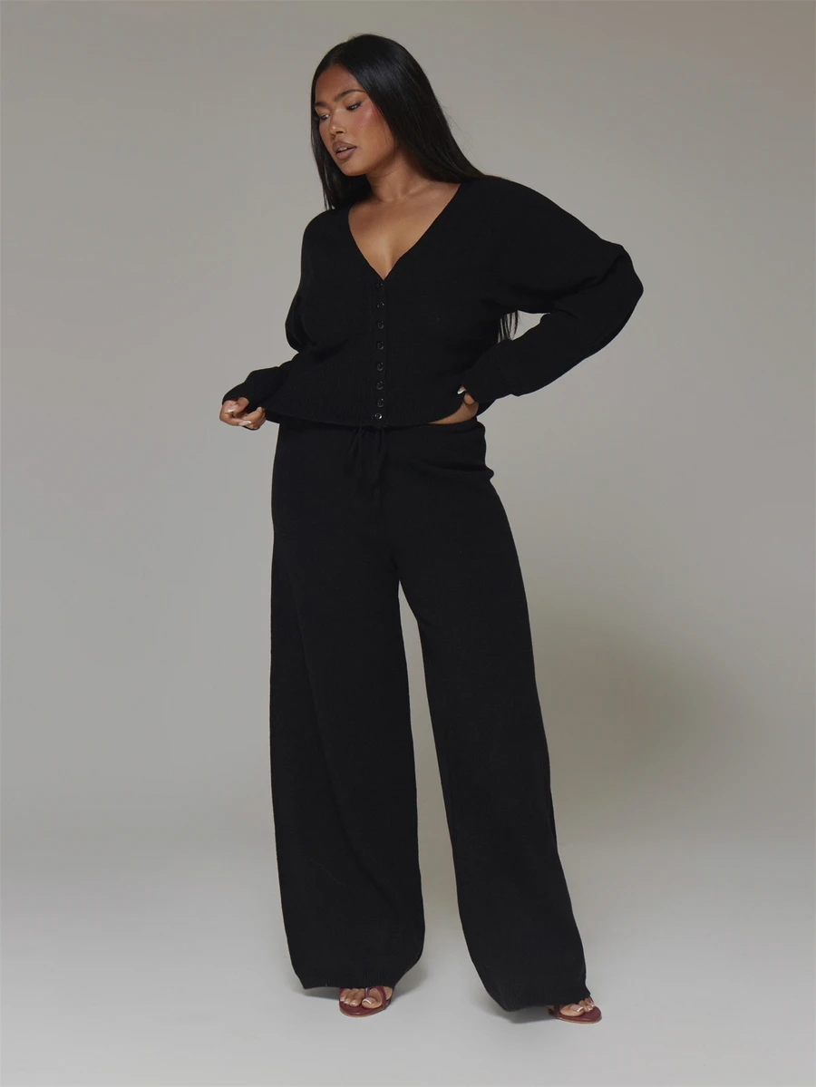 MUSERA Plus Size Black Knitted Straight Leg Joggers Spring Summer Casual Everyday Day Outfit Going Out - Black - View 1