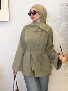Solavon Women's Long Sleeve Knot Waist Belt Button Asymmetric Design Arab Style Blouse - Green - View 5